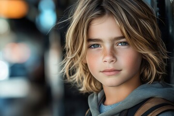 Obraz premium Young boy with flowing hair and captivating blue eyes poses confidently indoors