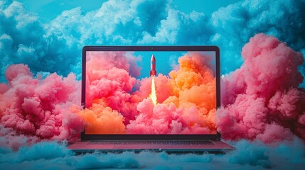 In this fantastical illustration, a rocket launches from a laptop depicted in bright, colorful clouds, symbolizing the limitless possibilities of technology and creativity.
