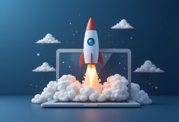 Rocket emerging from laptop screen, innovation and creativity concept background, generative AI