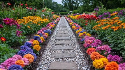Colorful flower garden pathway, summer day, peaceful scene, outdoor, relaxing