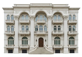 Fototapeta premium A symmetrical luxury mansion with grand arches, balconies and large windows isolated on a white background