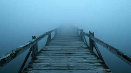 Fototapeta premium A wooden bridge stretches into the dense mist, disappearing into the unknown, evoking a sense of mystery and adventure through the fog.