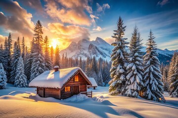 Fototapeta premium Panoramic Cozy Cabin in Snowy Mountains: Winter Wonderland Escape