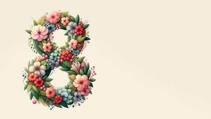Ilustraci&oacute;n de arte digital con un n&uacute;mero central  '8' rodeado de una variedad de flores coloridas. Concepto dia de la mujer. 8 de marzo