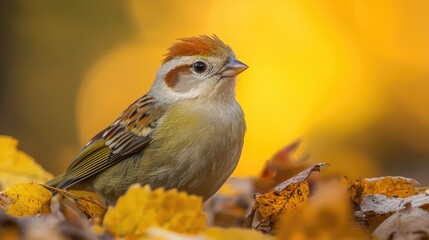 Fototapeta premium Autumnal sparrow resting on fallen leaves