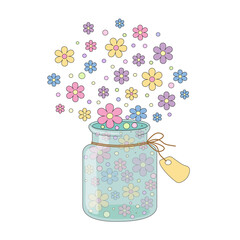 Glass transparent jar with colorful flowers flying out of it on white background, on the jar is  brown string with label without text. Postcard, sticker for good mood.