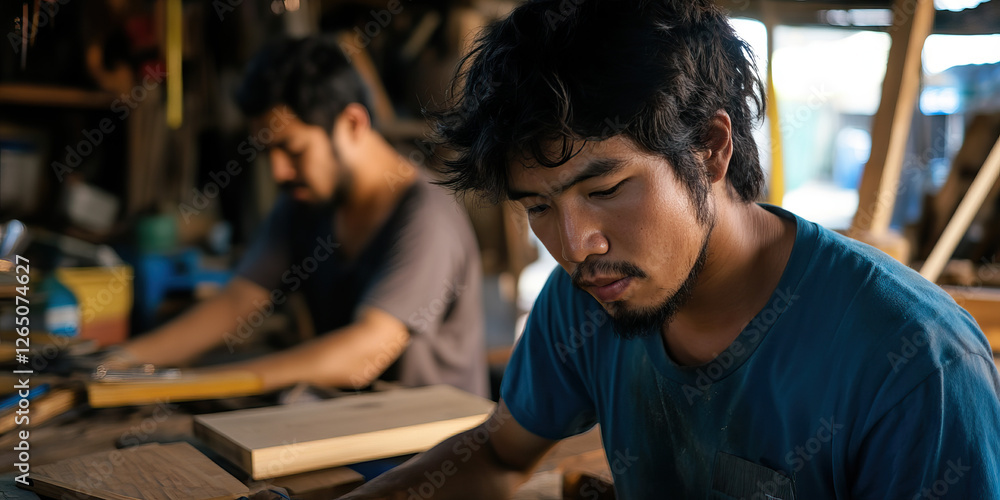 Poster man working wood in workshop with blurred background figure