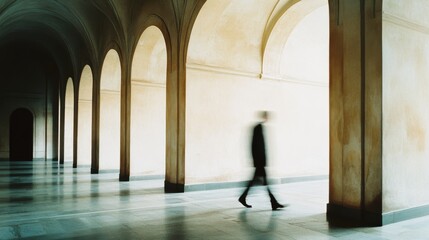 A solitary figure blurred in motion walks through an arched corridor bathed in soft light, evoking a sense of mystery and timeless elegance.