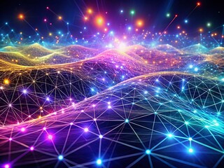 Panoramic Energy Net Flow: Futuristic Data Visualization with Fog, Neon Lights, and Nodes