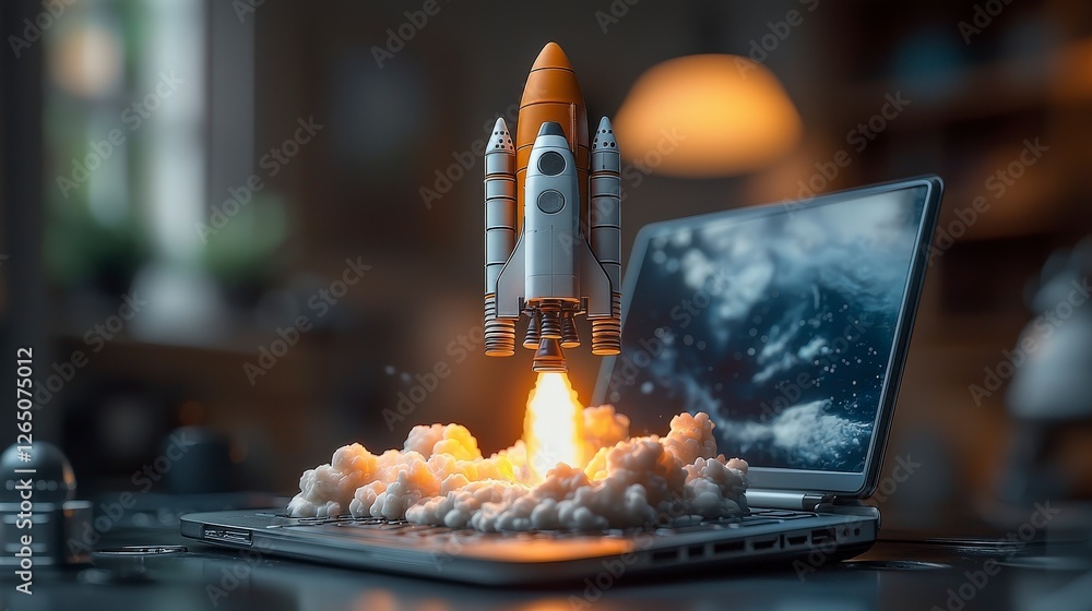 Poster this dynamic image showcases a rocket propelling from a laptop surrounded by clouds, creating a surr