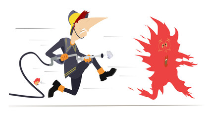Firefighter in action. Frightened cartoon fire running away from an angry firefighter holding hose