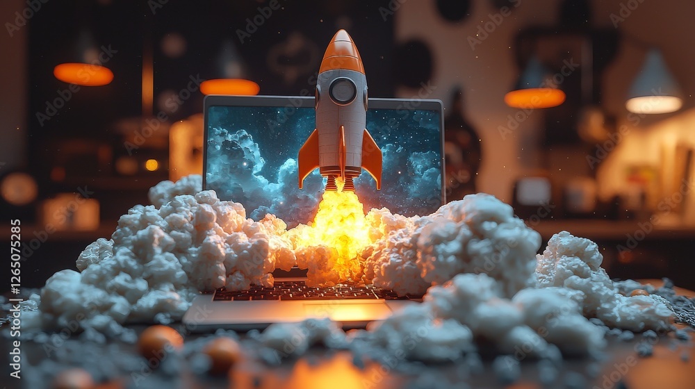 Poster a visually striking image of a rocket launching with smoke from a laptop's keyboard, symbolizing tec