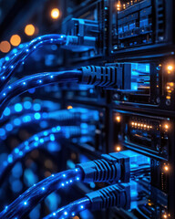 High resolution shot of blue Ethernet cables connected to servers