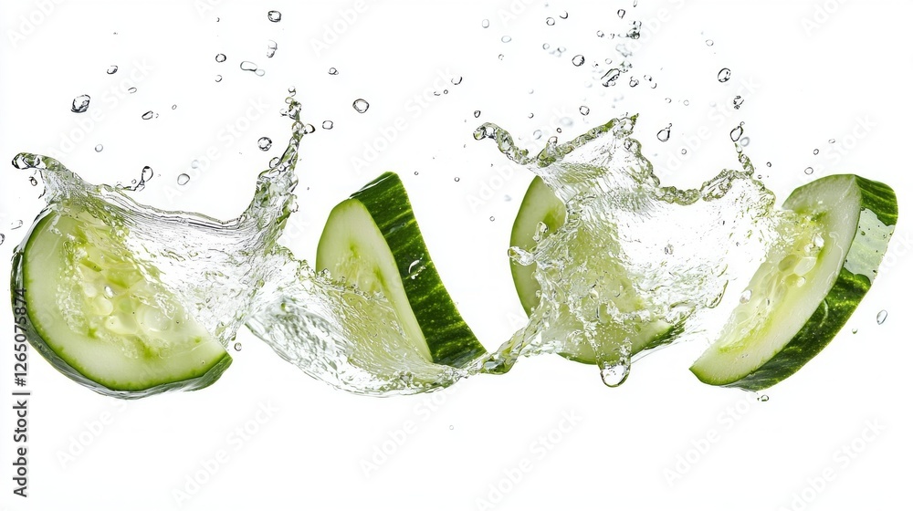 Poster sliced cucumbers soaring through the air create a mesmerizing display of water droplets. the vibrant