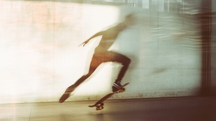 A skateboarder in mid-action blurs through light and shadow, capturing edgy urban motion.