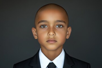 Young boy in formal attire poses with serious expression against a dark background