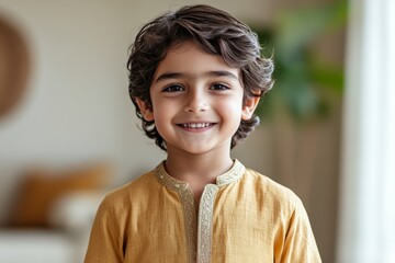 Smiling boy in traditional attire standing indoors, showcasing joy and innocence in a bright setting