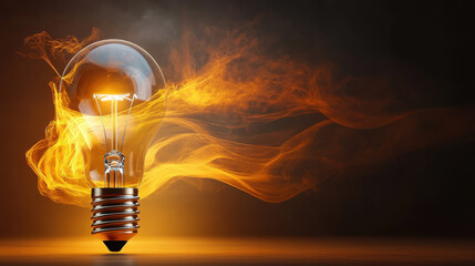 glowing light bulb surrounded by vibrant flames on dark background
