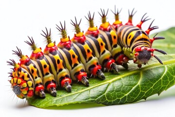 Naklejka premium Panoramic Image: Isolated Molting Atlas Butterfly Caterpillar on White Background