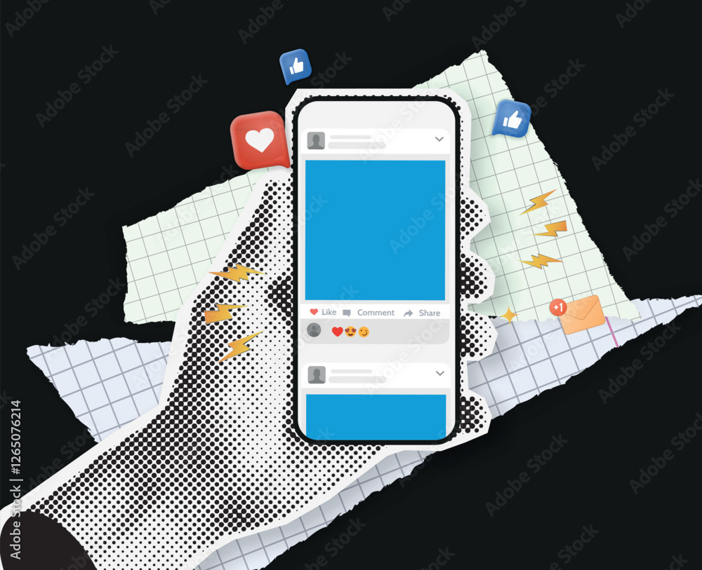 Poster halftone hand and phone. scrolling, social media, trendy retro vector image. influence feedback publ