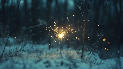 A solitary sparkler illuminates a snowy forest scene, casting a warm glow that contrasts with the cold, creating magic and wonder in the twilight.