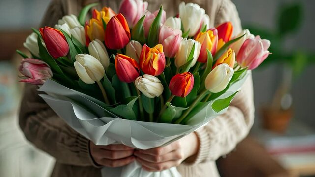 A person holds a vibrant bouquet of mixed tulips in warm colors while standing indoors in a relaxing atmosphere