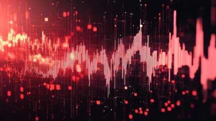 Abstract Red Digital Sound Wave Visualizer Background with Glowing Particles