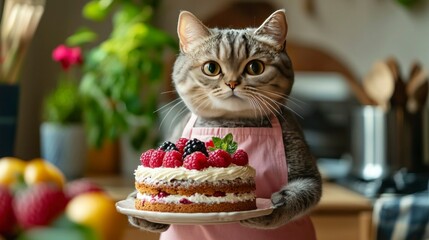A cat wearing an apron proudly holds a beautifully decorated cake topped with fresh raspberries and blackberries in a warm, inviting kitchen