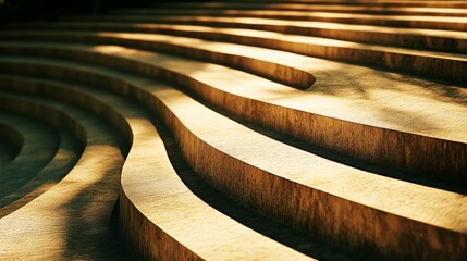 Sun-dappled wooden steps form elegant curves under a warm glow, inviting a tranquil walk.