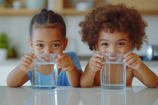 Happy little multiracial gitls sit at table in home kitchen drink pure mineral water, smiling small multiethnic girls children enjoy clean still aqua, feel thirsty, healthy lifestyle concept