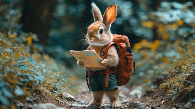 A rabbit stands on a forest trail, holding a map while wearing a small backpack and shorts. The surroundings are lush with greenery, creating a peaceful outdoor atmosphere