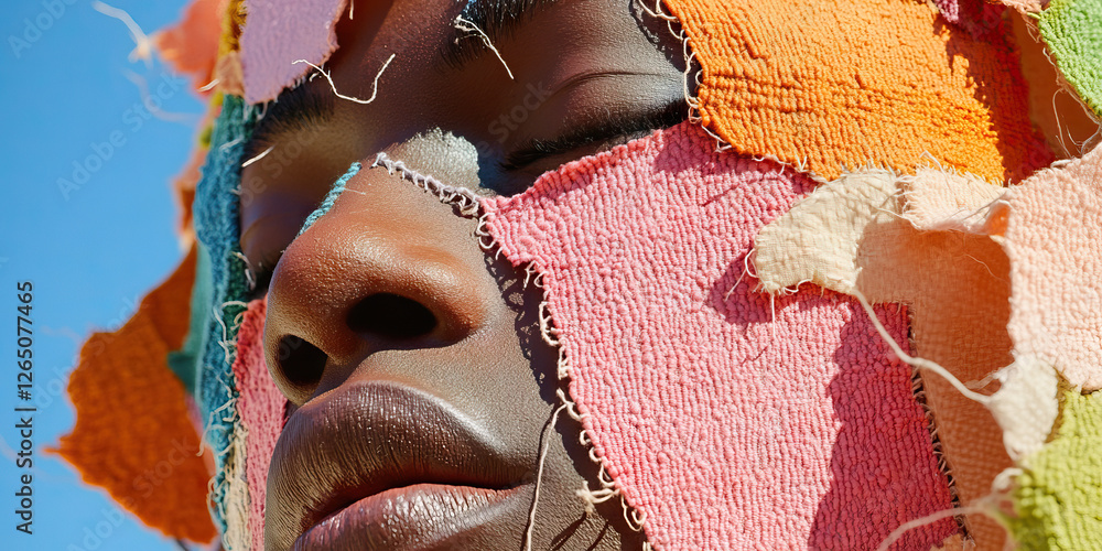 Poster close-up of face partially covered with multicolored fabric patches