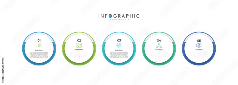 Poster 5 step timeline infographic template with circular icons, informative circular process infographic c