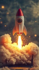 This captivating image shows a toy rocket erupting from an open laptop, cloaked in colorful smoke, epitomizing the fusion of technology, emotion, and creative possibilities.