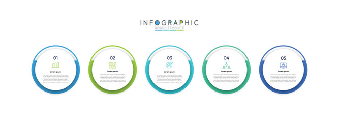 5 step timeline infographic template with circular Icons, Informative circular process infographic chart for business startup demonstration, Modern infographic design template.