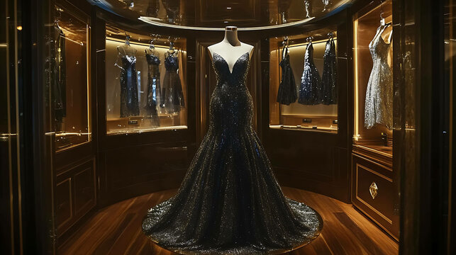 Shiny evening gown displayed on a mannequin in a luxurious setting