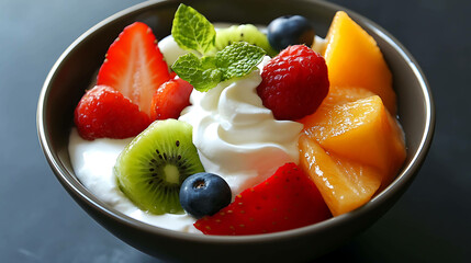 Simple diet meal with fresh fruits and yogurt in a bowl