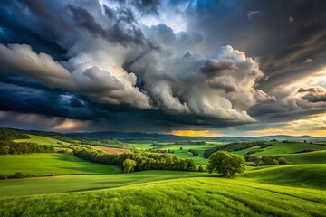 Obraz premium Panoramic Overcast Sky Green Field Before Thunderstorm - Dramatic Landscape Photography