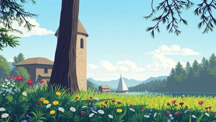 Obraz premium Idyllic Lakeside Village with Wildflowers and Sailboat under a Sunny Sky