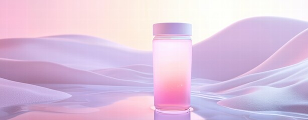 Futuristic Beverage Concept Jar Glowing with Hydration in a Dreamy Pastel Landscape
