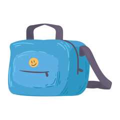 Vector Illustration of a Cute Blue School Backpack with a Smile Emoji Patch and Dark Straps on White Background