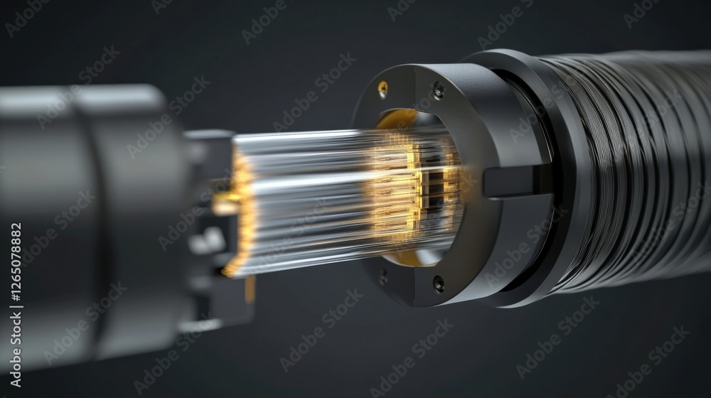 Poster a detailed inspection view of an individual fiberoptic connector emphasizing the precise alignment o