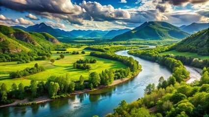Panoramic River Landscape: High-Resolution Image with Deep Depth of Field