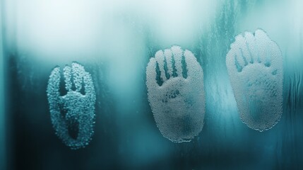 Naklejka premium Three clear footprints grace a foggy glass surface, evoking mystery and a sense of quiet curiosity.