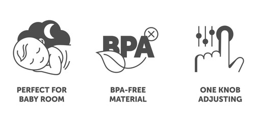 Icons set - Perfect for baby room, BPA-free, One knob adjusting. in monochrome style