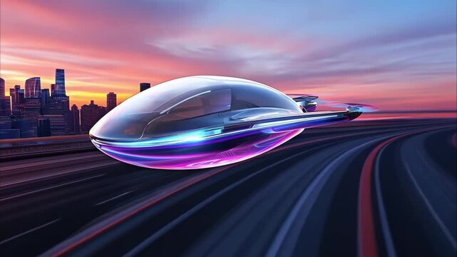 A futuristic hover vehicle flying over a cityscape at sunset, showcasing sleek design and vibrant lighting.