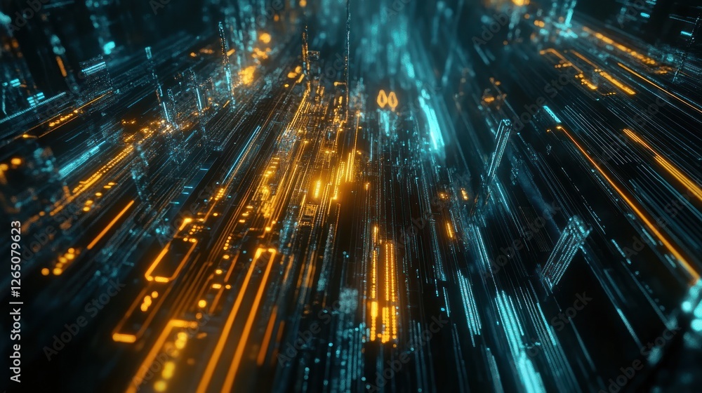 Poster futuristic technology: abstract digital circuit board with data flowing through