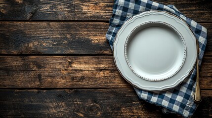 Rustic Wooden Table Setting Empty Plate Design old top food fork blue 