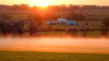Fototapeta premium spring transformation, sunrise over the farm, blooming trees in full bloom