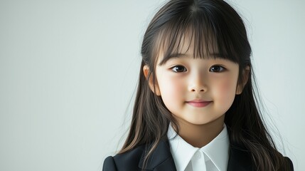 beautiful portrait of female kid model, wearing a black suit and white shirt, with soft lighting on the face and a clean, solid white isolated background